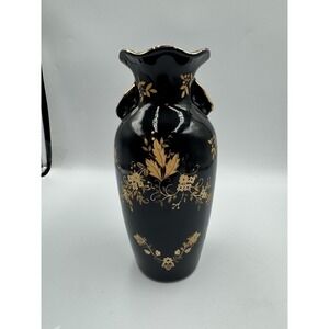 Vintage Black Vase With Gold Roses, Leaves & Flowers With Gold Trim